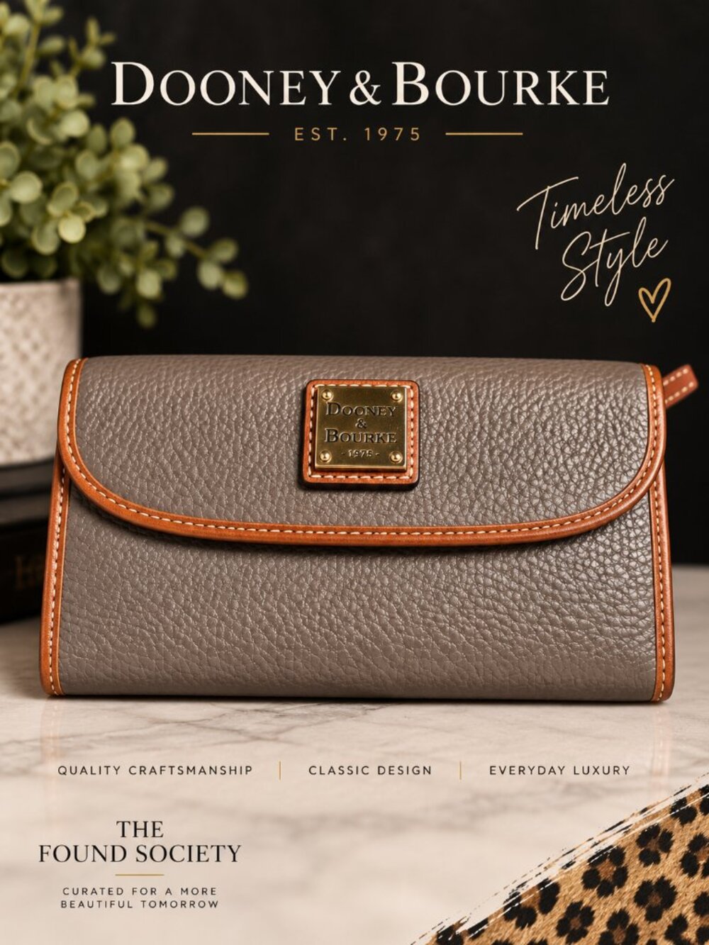 Dooney & Bourke Taupe Pebble Grain Leather Flap Wallet